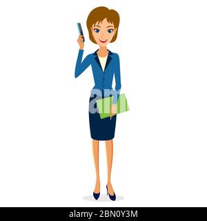 Business woman character vector. Cheerful smiling business woman character with smart phone. Woman business character isolated on white background Stock Vector