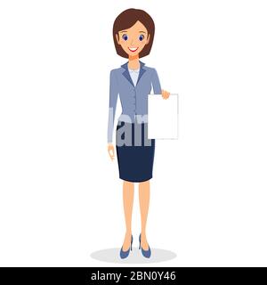 Business woman character vector. Cheerful smiling business woman character holding blank sheet of paper. Woman business character isolated on white ba Stock Vector