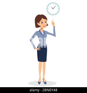 Business woman character vector. Cheerful smiling business woman character with clock. Time management, business planning concept. Woman business char Stock Vector