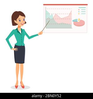 Business woman pointing on graph, diagram. Cheerful smiling woman in business suit making presentation. Vector person character isolated on white back Stock Vector