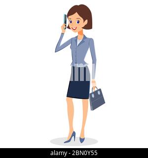 Business woman character vector. Cheerful businesswoman cartoon character using her smartphone. Woman business character isolated on white background Stock Vector