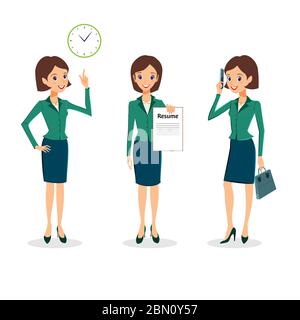 Business woman character vector set. Office life character collection. Cheerful business woman character, time management and job search concept. Woma Stock Vector