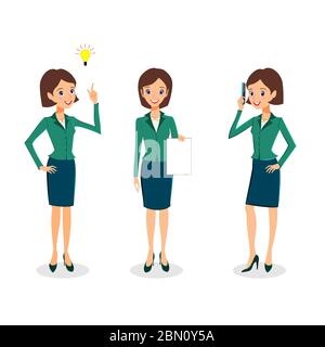 Business woman character vector set. Cheerful business woman character. Creative thinking and office life concept. Woman career collection isolated on Stock Vector