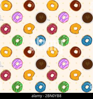 Dessert food vector seamless pattern with colorful donuts with different icings and coffee cups. View form above. Seamless food background. Abstract v Stock Vector