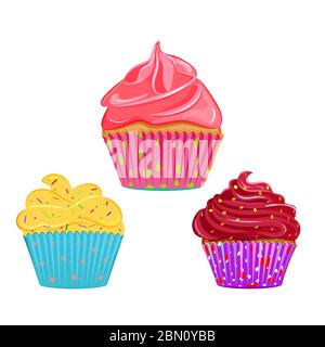Set of vector cupcakes, muffins with different toppings and cases. Cream topping with sprinkles cupcake collection isolated on white background. Great Stock Vector