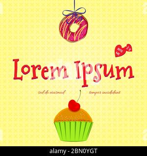 Creative hand drawn vector bakery banner, flyer featuring doughnut with red icing, cherry muffin, cupcake in green case and heart shaped candies. Copy Stock Vector