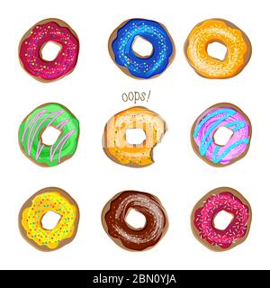 Donut vector set. Coloured donuts with different icings and sprinkles. Sweet desserts cakes doughnut cookies. Bakery set of donuts, donut collection i Stock Vector