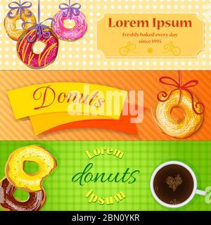 Set of vector bakery banners, flyers. Colourful bakery donut flyers or website headers. Banner, flyer design templates for bakery and coffee shop in m Stock Vector