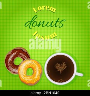 Vector bakery banner, flyer featuring breakfast table with doughnuts and coffee. Copy space. Card, banner,flyer design for bakery, cafe Stock Vector