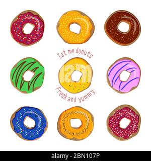 Donut vector set. Coloured donuts with different icings and sprinkles. Sweet desserts cakes doughnut cookies. Bakery set of donuts, donut collection i Stock Vector