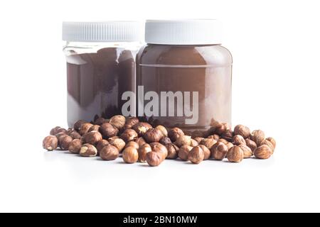 Hazelnut spread. Nut chocolate cream isolated on white background. Stock Photo