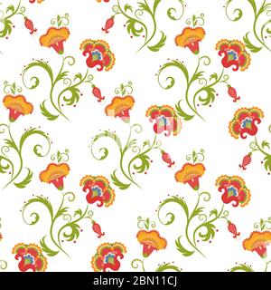 Traditional Asian seamless vector pattern with detailed flowers and swirls. Tribal floral background Stock Vector