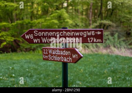 two wooden signs and green grass on blue sky Stock Photo