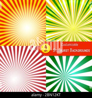 Set of sunburst backgrounds. Abstract sun rays. Collection of orange, red, green and yellow vector rays. Set of sunburst retro textures Stock Vector