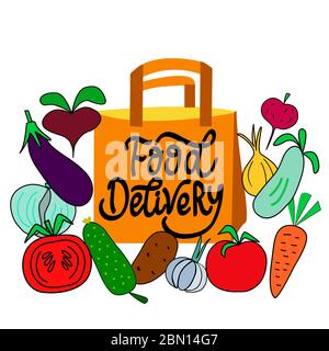Set of products, vegetables and a package with the inscription - Food Delivery, in vector graphics on white background. For the design of posters Stock Vector