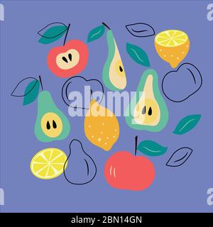 Set of fruits apples, pears, lemons, halves, leaflets on a blue background in vector graphics. For printing on pillows, dishes, wrapping paper, covers Stock Vector