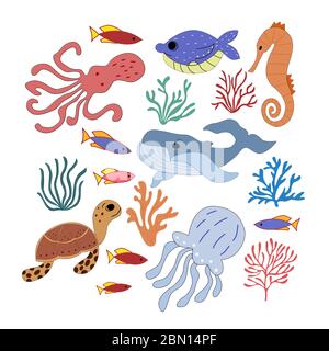Set of sea animals and corals in vector graphics on a white background. For the design of childrens, cartoon illustrations, postcards, prints, stikers Stock Vector