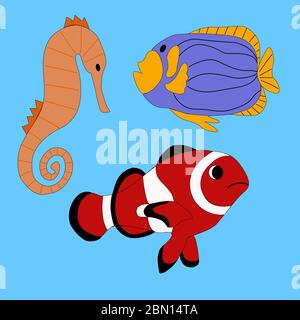 Set of ocean fish on a bkue background in vector graphics, in a flat style. For the design of zoological signs, prints on pillows, mugs, wrapping Stock Vector