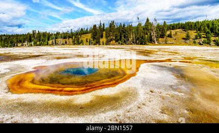 The colorful minerals in the Chromatic Pool in the Upper Geyser Basin along the Continental Divide Trail in Yellowstone National Park, Wyoming, United Stock Photo