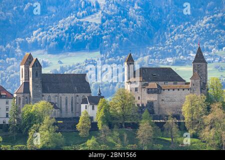 Distant view of the 13th century Rapperswil castle and St. John's Church, Rapperswil-Jona, St. Gallen, Switzerland Stock Photo
