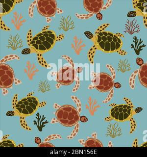 Seamless pattern with turtles and sea corals, on a blue background, in cartoon style. For the design of textiles, wrapping paper, prints for covers of Stock Vector