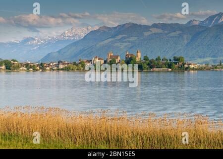 View of old city of Rapperswil dominated by its 13th century castle and the alps in the background, St. Gallen, Switzerland Stock Photo