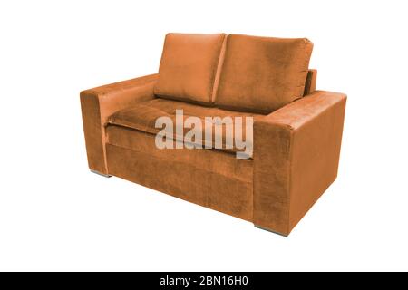 Three seats cozy color fabric sofa isolated on white background Stock Photo