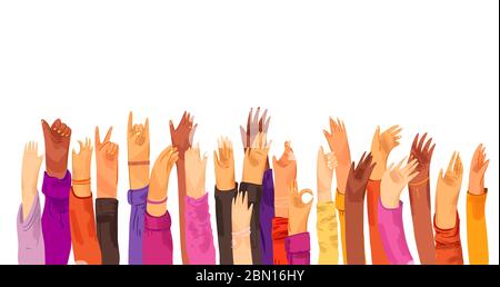 Vector flat illustration of raised up human hands, multiracial. Concept of education, business training, volunteers, voting - raised hands in croud Stock Vector