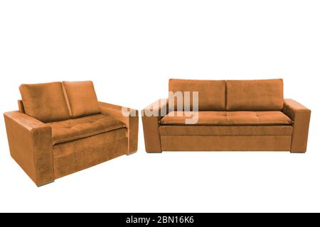 Three seats cozy color fabric sofa isolated on white background Stock Photo