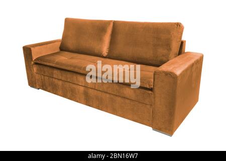 Three seats cozy color fabric sofa isolated on white background Stock Photo