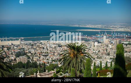 Panoramic view of the Bahai Gardens and of Haifa Bay and Port on the Mediterranean Coast. Haifa, Israel. July 23, 2019. Stock Photo