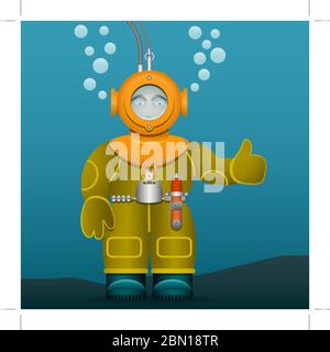 Diver in an old suit and scuba diving helmet. Cartoon style. Vector Image. Stock Vector