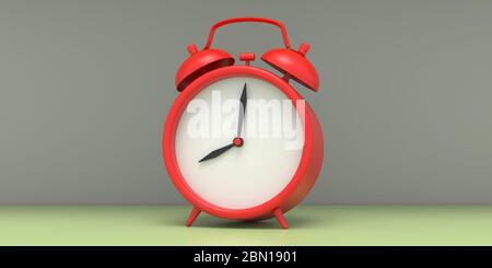 Red classic alarm clock on green pastel color floor and gray wall, room interior. Wakeup time for school concept. 3d illustration Stock Photo