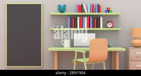 Blank blackboard in a pastel colors child room. Student desk, chair and shelves with books and toys. Template for advertise, copy space. 3d illustrati Stock Photo
