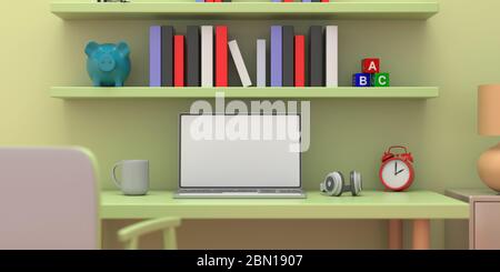 Blank screen laptop computer on a student desk. Shelves with books and toys, pastel colors child room interior. 3d illustration Stock Photo