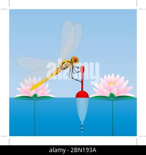 Dragonfly sitting on the float. Water lily. Water. Fishing. Stock Vector
