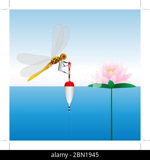 Dragonfly sitting on the float. Water lily. Water. Fishing. Stock Vector