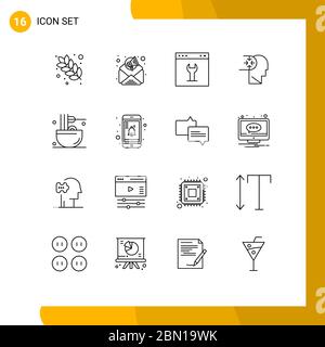 Mobile Interface Outline Set of 16 Pictograms of drinks, head, gear, disorder, mind Editable Vector Design Elements Stock Vector