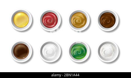 Set of realistic sauces in caps. Olive oil, soy sauce, pesto, mayonnaise, mustard, chocolate and tomato ketchup. Ceramic caps top view. Ingredients Stock Vector