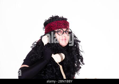 vintage girl living  in the 70s year photograf in the white background Stock Photo