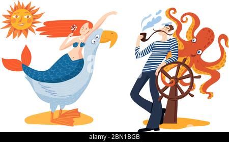 Print illustration with cartoon Lovely Mermaid and sailor Stock Vector