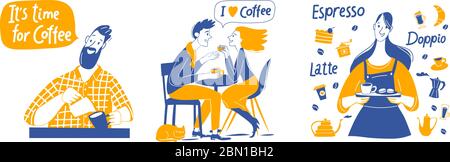 Coffee motivational vector design with barista and coffee elements and lettering Stock Vector