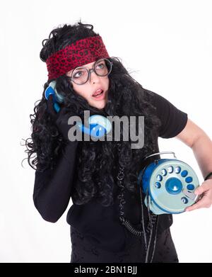 vintage girl living  in the 70s year photograf in the white background Stock Photo