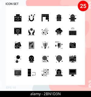 Group of 25 Modern Solid Glyphs Set for firefighter, process, study, network, interior Editable Vector Design Elements Stock Vector