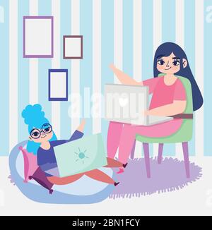 working remotely, young women sitting on chair and bean chair with laptops vector illustration Stock Vector