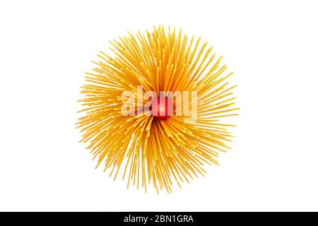 Italian raw dry pasta spaghetti and tomato isolated on white background. top view Stock Photo
