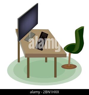 Home office interior workplace with table, chair, computer screen, keyboard. Freelancer empty working space area in office or home. No people. Vector Stock Vector