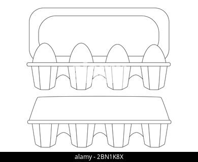 Chicken eggs in paper carton tray egg box open and close flat vector illustration isolated on white background outline style silhouette Stock Vector