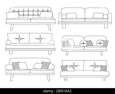 Set of sofa outline collection wooden furniture with with pillows flat vector illustration isolated on white background Stock Vector