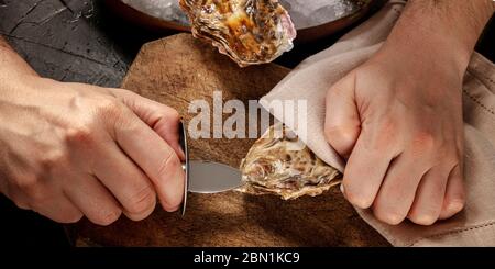 Shucking an oyster panorama, man's hands with a special knife, opening oysters on a wooden board Stock Photo